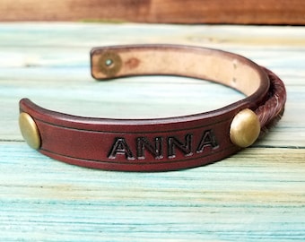 Horse hair and Leather Bracelet with Custom Stamped Name - Monogrammed - Horsehair Jewelry