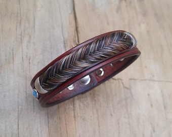Horse Hair and Leather Bracelet With Silver and Faux Turquoise Accents Braided Horsehair