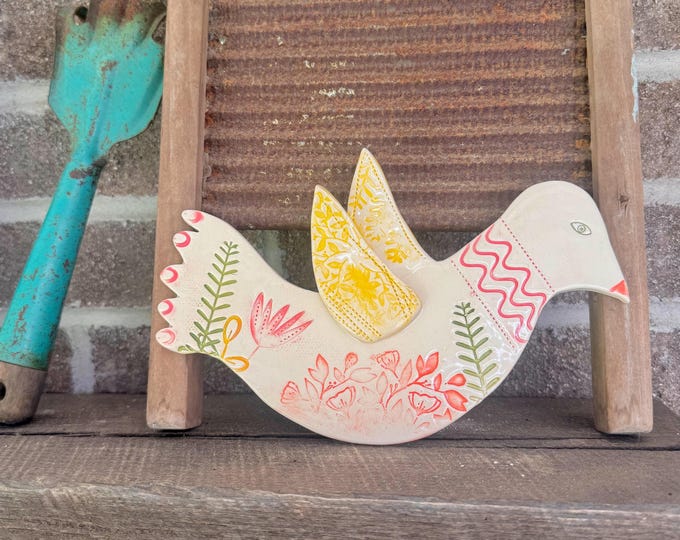Handmade Ceramic Bird Wall Art | Botanical Folk Art Pottery | Boho Home Decor | Hand Painted Wall Hanging Gift