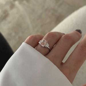 1.5 Carat Vivid Pink Radiant Lab Diamond Engagement Ring | 3 Stone Ring with Trapezoid Side Diamonds | Lab Grown Pink Diamond Ring