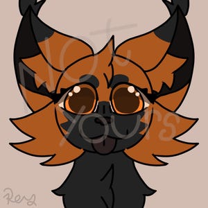 May include: Digital illustration of a cartoon cat with orange and black fur, large brown eyes, and a pink tongue sticking out. The cat has large ears and a playful expression. The background is a solid light brown color.