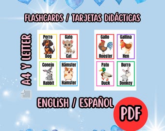 Animal Flashcards in English and Spanish for Kids | Bilingual Educational Printable | PDF Instant Download | Homeschool Learning Cards