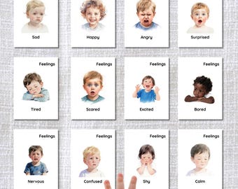 May include: A set of twelve flashcards with watercolor illustrations of children expressing different emotions. Each card features a child's portrait and the emotion's name: Sad, Happy, Angry, Surprised, Tired, Scared, Excited, Bored, Nervous, Confused, Shy, and Calm.