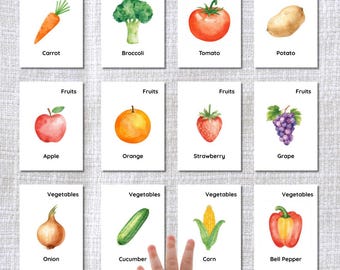 Montessori Fruits Vegetables Flashcards | Watercolor First Words Learning Cards (Digital Download)