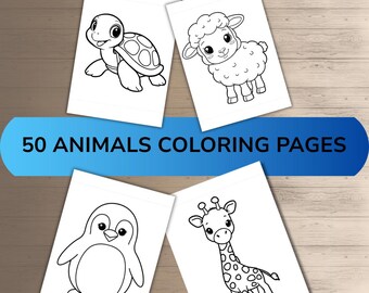 May include: Four white sheets with animal illustrations: a turtle, a sheep, a penguin, and a giraffe. The text "50 ANIMALS COLORING PAGES" is displayed on a blue banner. The images are in black and white.