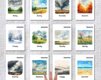 Montessori weather and seasons flashcards, printable toddler calendar classroom learning cards