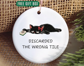 Funny Mahjong Ornament, Discarded the Wrong Tile, Mahjong Christmas Gift, Black Cat Mahjong Ornaments, Mah Jongg Gift for Player