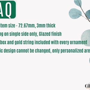 May include: Green FAQ graphic with white text. The item size is 72.67mm, 3mm thick. Printing is on one side with a glazed finish. A white box and gold string are included. The graphic design cannot be changed.