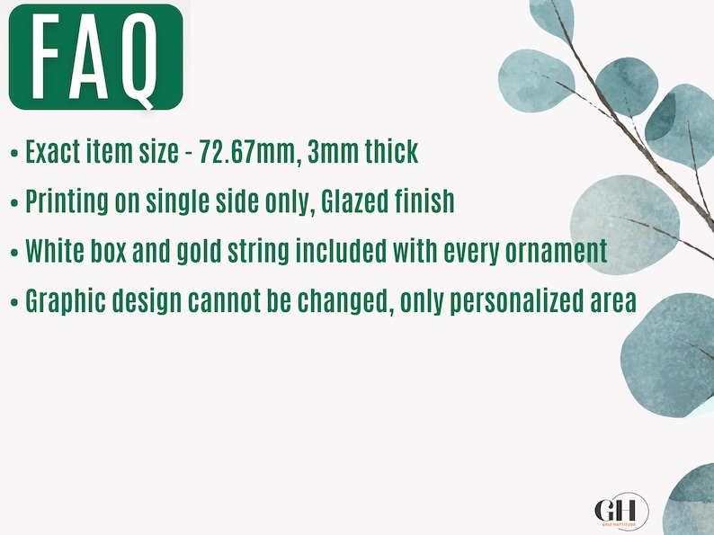 May include: Green FAQ graphic with white text. The item size is 72.67mm, 3mm thick. Printing is on one side with a glazed finish. A white box and gold string are included. The graphic design cannot be changed.