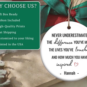 May include: A white ceramic ornament with the text "Never Underestimate the difference you've made..." and a red heart. A green box with text "Why Choose Us?" is in the background.