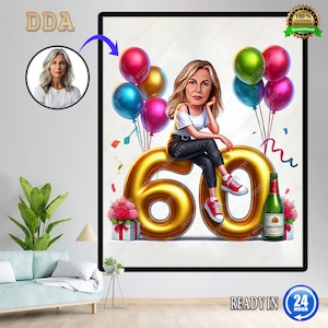 60th Birthday Caricature: 60 Women in Light Brown Dresses with Gifts, Black Sky Gift Digit, Ideal for Celebrations! Unique Gift Idea!