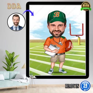 Regalo di allenatore di football americano, caricatura di allenatore di football da foto, arte divertente del rugby, ritratto digitale divertente del rugby, disegno del fumetto del rugby