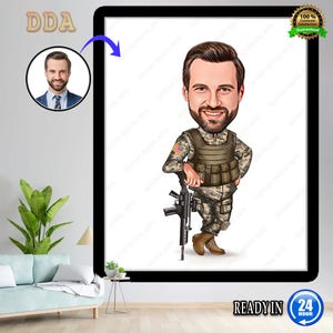 Custom Male Soldier Cartoon Portrait, Army Caricature Drawing, Military Gift for Him, Custom Uniform Art, Soldier Tribute Keepsake
