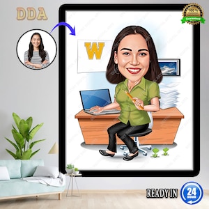 Custom Boss Caricature for Woman , Business Woman Caricature, Funny Caricature, Personalized Gift, Mrs. Banker Caricature, Digital Download