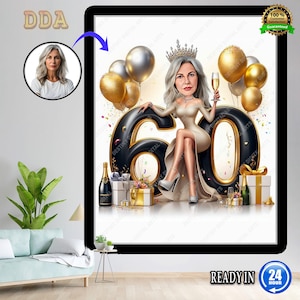 60th Birthday Caricature: 60 Women in Light Brown Dresses with Gifts, Black Sky Gift Digit, Ideal for Celebrations! Unique Gift Idea!