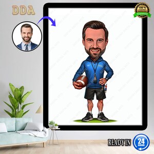 Regalo di allenatore di football americano, caricatura di allenatore di football da foto, arte divertente del rugby, ritratto digitale divertente del rugby, disegno del fumetto del rugby