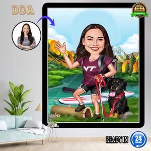 Lienzo de viajero de dibujos animados personalizado, regalo de Navidad, retrato de senderismo de dibujos animados personalizado, regalo de boda, decoración del hogar, regalo para ella