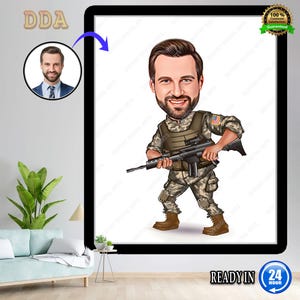 Custom Male Soldier Cartoon Portrait, Army Caricature Drawing, Military Gift for Him, Custom Uniform Art, Soldier Tribute Keepsake