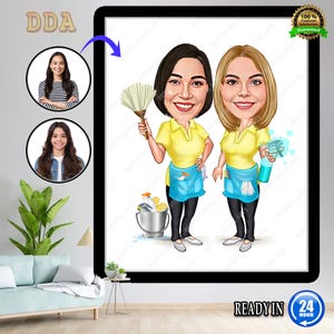 Custom Women Cleaner Cartoon Portrait, Cleaner Caricature, Gift for Female Cleaner, Funny Cleaner Caricature from Photo, Cleaner Digital art