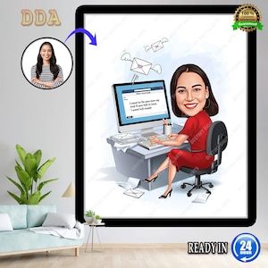 Custom Boss Caricature for Woman , Business Woman Caricature, Funny Caricature, Personalized Gift, Mrs. Banker Caricature, Digital Download