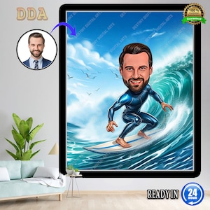 Custom Surfing Caricature - Personalized Beach Cartoon Portrait - Fun Surfer Gift, Ocean Wave Art for Summer Lovers, Digital personal Art