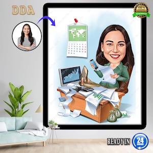 Big Boss Caricature for Woman , Business Woman Caricature, Funny Caricature, Personalized Gift, Mrs. Banker Caricature, Digital Download