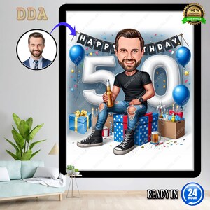 50th Birthday Caricature: Businessman in Gold with Gift, Perfect for Celebrating a Milestone with Style and Humor for a 50-Year-Old Man