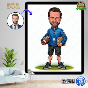 Regalo di allenatore di football americano, caricatura di allenatore di football da foto, arte divertente del rugby, ritratto digitale divertente del rugby, disegno del fumetto del rugby