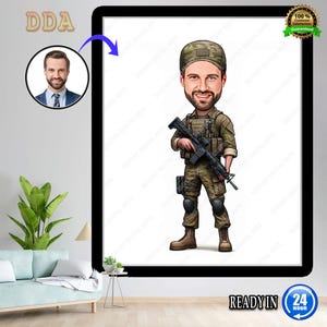 Custom Male Soldier Cartoon Portrait, Army Caricature Drawing, Military Gift for Him, Custom Uniform Art, Soldier Tribute Keepsake