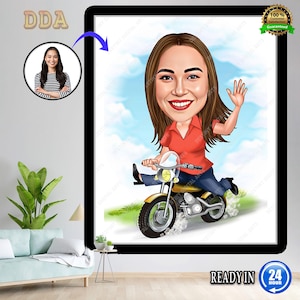 Custom Female Motorcyclist Cartoon Portrait, Motorcycle Riders, Woman Biker Cartoon Drawing, Personalized Caricature of a Biker Girl
