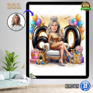 60th Birthday Caricature: 60 Women in Light Brown Dresses with Gifts, Black Sky Gift Digit, Ideal for Celebrations! Unique Gift Idea!