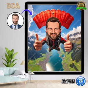 Custom Paragliding Caricature in Interlaken, Cartoon Flight Portrait, Personalized Adventure Gift, Funny Pilot Illustration, Swiss Wall Art