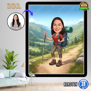 Retrato de senderismo personalizado, regalo para excursionistas, caricatura de senderismo, caricatura divertida de excursionista, excursionista personalizado
