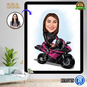 Personalized Female Motorcyclist Cartoon Portrait, Motorcyclist Portrait, Gift for Motorcyclist, Motorcyclist Caricature, Caricature