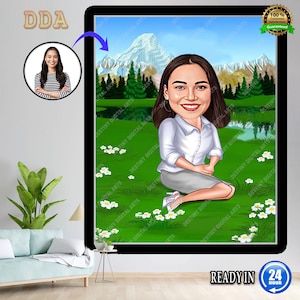 Caricatura personalizada, mujer, arte de escena de la naturaleza, ilustración de retrato personalizada, regalo para amantes, experiencia al aire libre