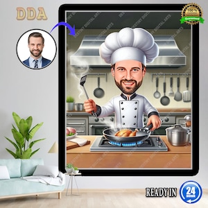 Custom Male Chef Cartoon Portrait, Kitchen Caricature Drawing, Fun Cooking Gift for Him, Custom Culinary Art, Chef Uniform Cartoon