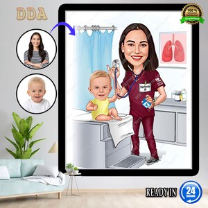 Personalized Woman Child doctor Cartoon Portrait, Child doctor Portrait, Gift for Female doctor, doctor Caricature from Photo, doctor Gift
