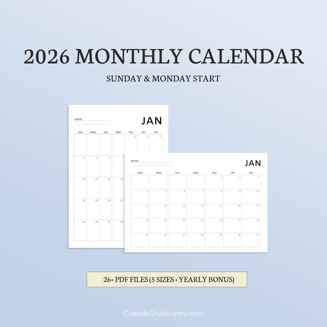 2026 Monthly Calendar Printable Minimalist Landscape and Portrait PDF ...