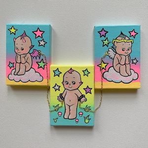 Let&#39;s Stick Together - Kewpie Doll Mini Painting Triptych - Devil Angel Kewpie Artwork - Original Painting - Lowbrow Art - Set of 3 - Kawaii