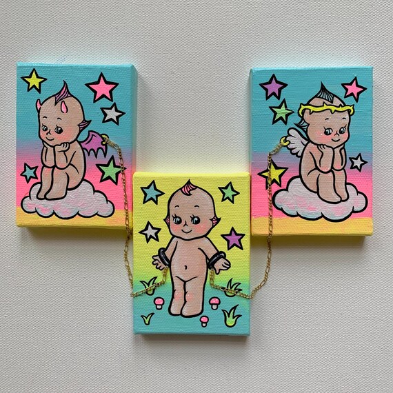 Kewpie Doll Mini Painting Triptych: Devil Angel Lowbrow Art
