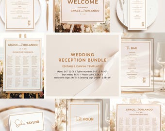 Editable Wedding Reception Stationery Bundle, Canva Templates