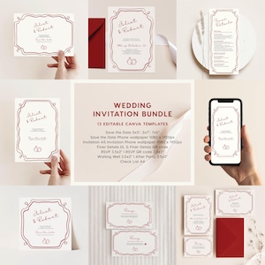 May include: A collection of wedding stationery templates. The designs include Save the Date cards, RSVP cards, and a menu. Each card has a white background with a red border and text. The bundle includes 13 editable Canva templates.