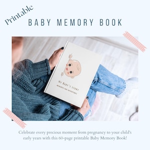 Printable Baby Erinnerungsbuch | 60 Seiten | Erstes Jahr + Meilensteine + 5 Geburtstagsseiten | Schwangerschaft bis Baby’s Frühe Jahre + gratis Kinderzimmer Poster