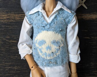 MSD BJD Skull White on Blue Sweater Vest