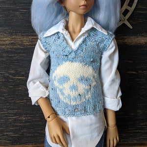 MSD BJD Skull White on Blue Sweater Vest