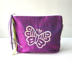 Purple Butterfly make up pouch purple white silk cosmetic pouch. purple butterfly