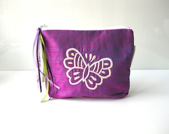 BFCM SALE Purple Butterfly make up pouch purple white silk cosmetic pouch. purple butterfly