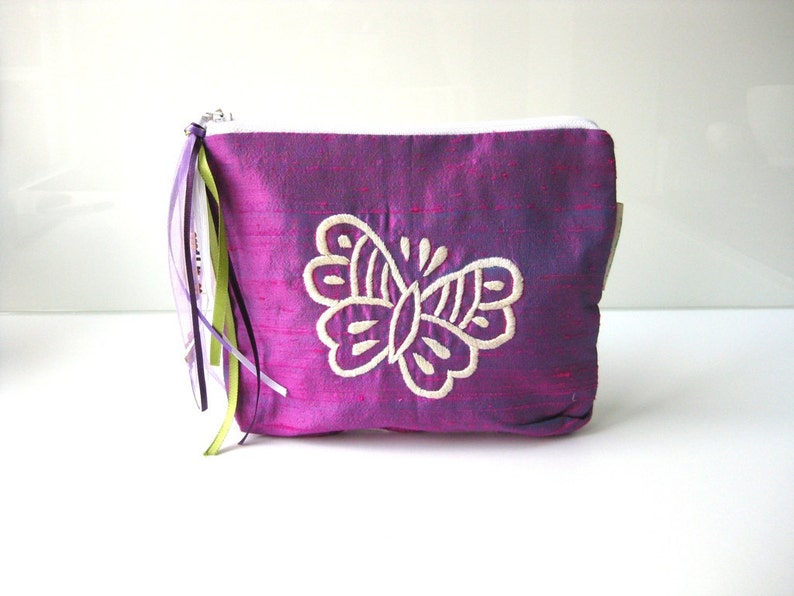 BFCM SALE Purple Butterfly make up pouch purple white silk cosmetic pouch. purple butterfly image 1