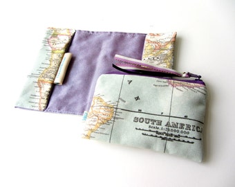 BFCM SALE Travel gift set World map purple blue passport cover small coin purse  "It's a small world"