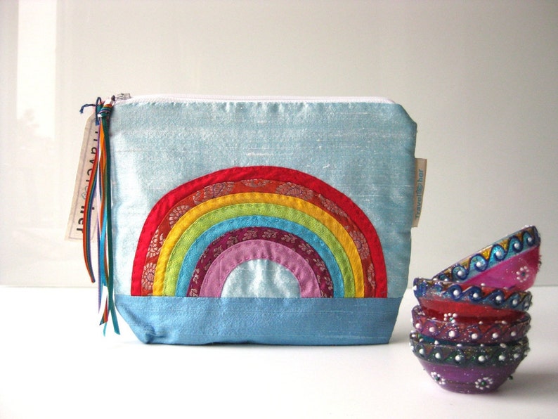 BFCM SALE Make up pouch cosmetic travel Indian Rainbow silk image 1